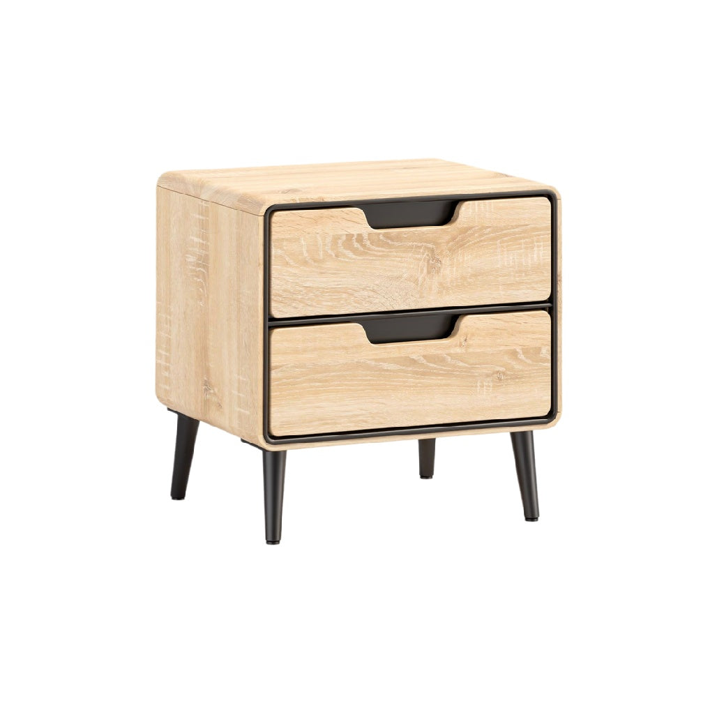 **Stolik nocny z drewna - Nowoczesny design z metalowymi uchwytami**